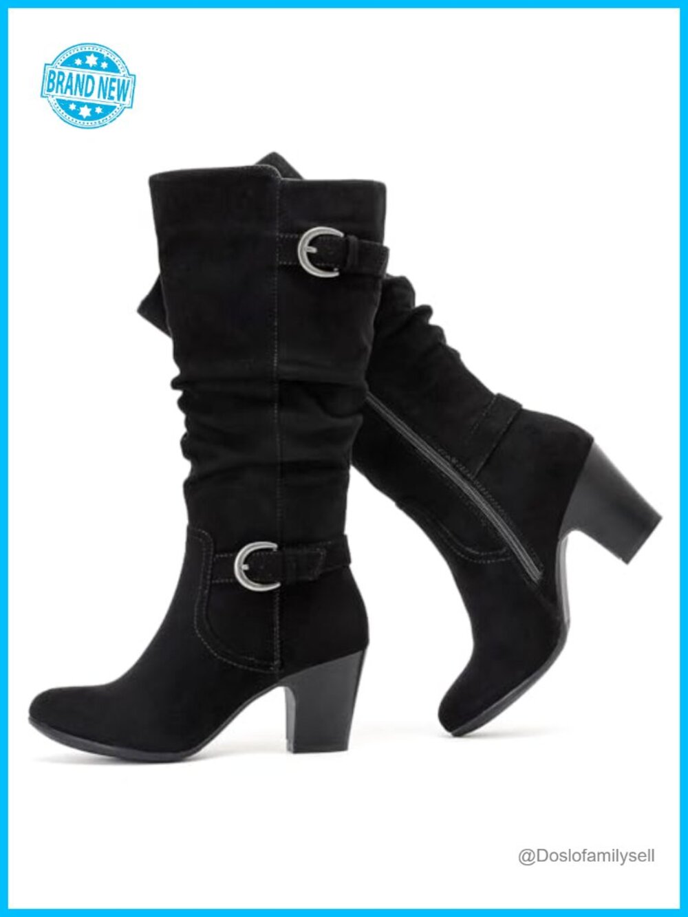 Women's Knee High Slouchy Heeled Boots Faux Leather Pointed Toe Block Heel